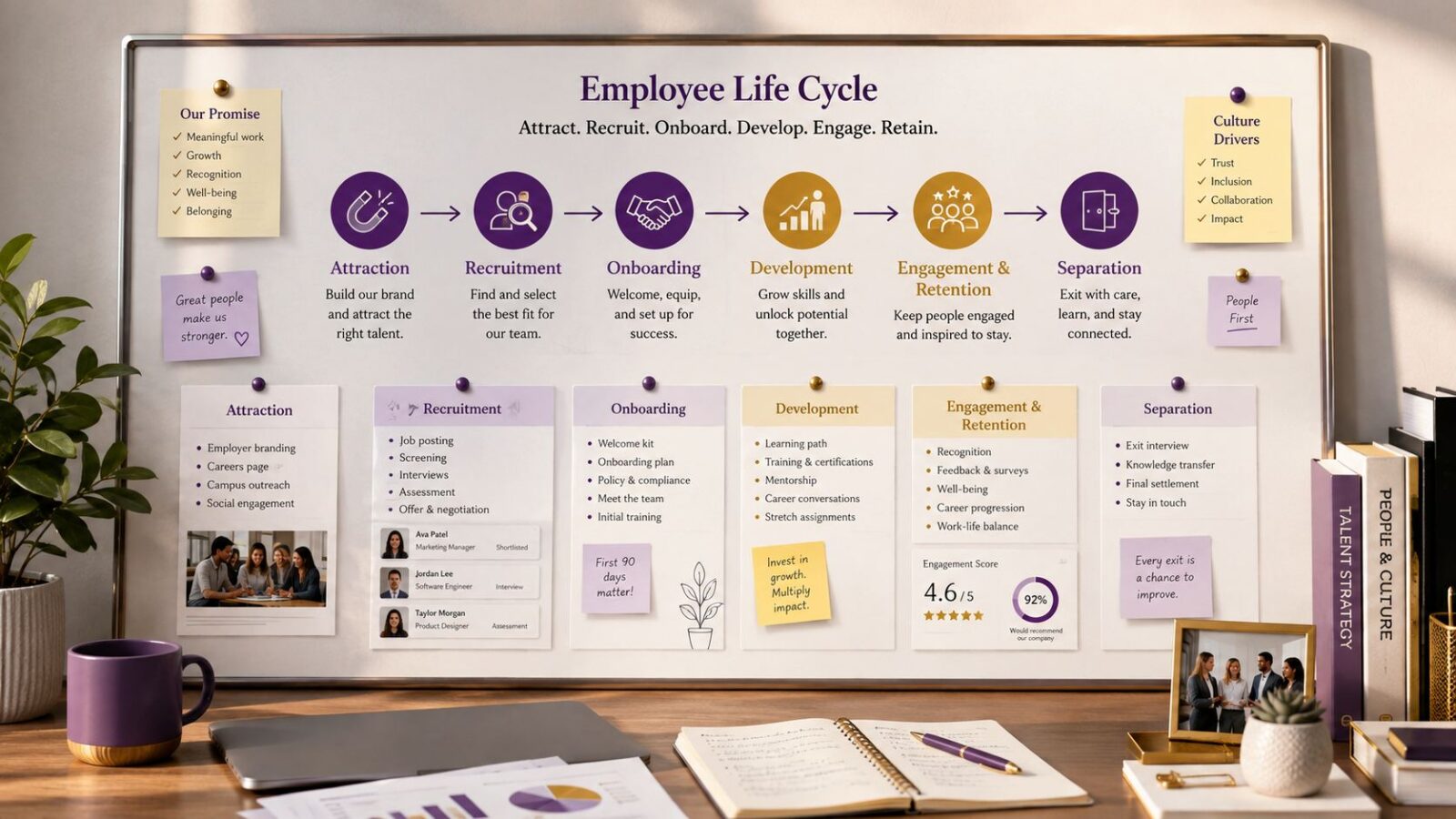 Employee life cycle infographic showing attraction, recruitment, onboarding, development, engagement, retention and separation