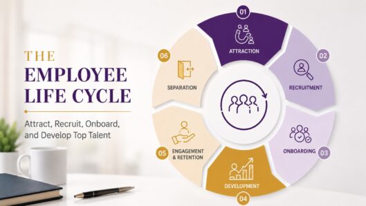 Employee life cycle showing attraction, recruitment, onboarding, development, engagement, retention and separation